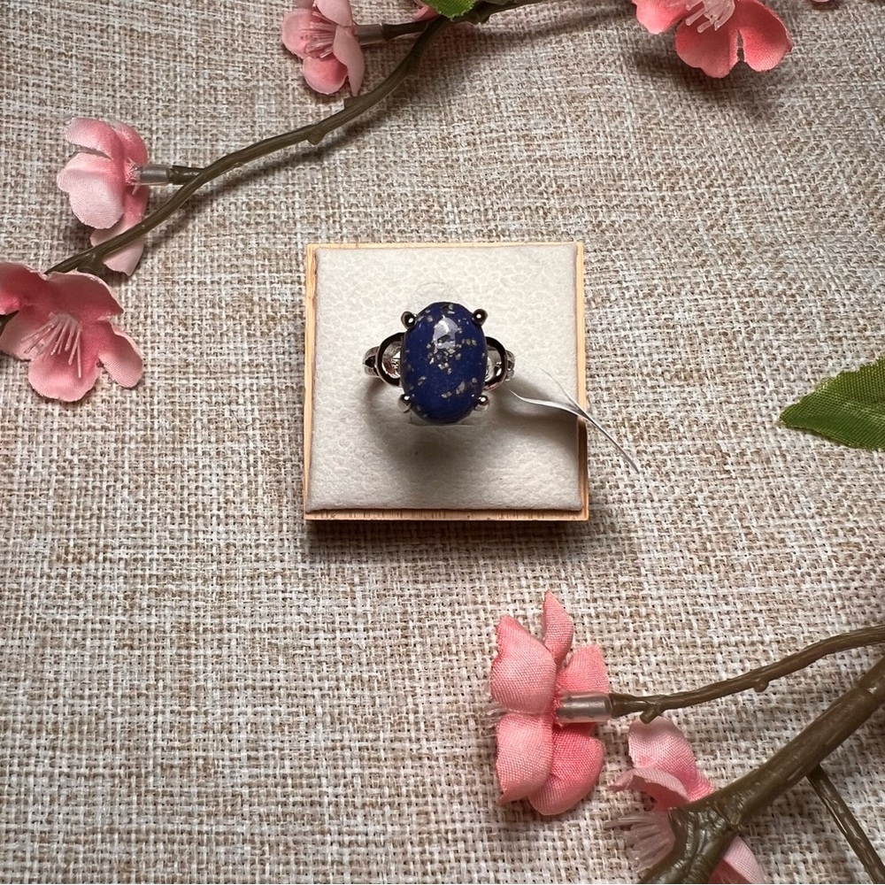 Size 5.5 | Silver Boho Gemstone Ring – Large Oval Lapis Lazuli, Chunky Statement